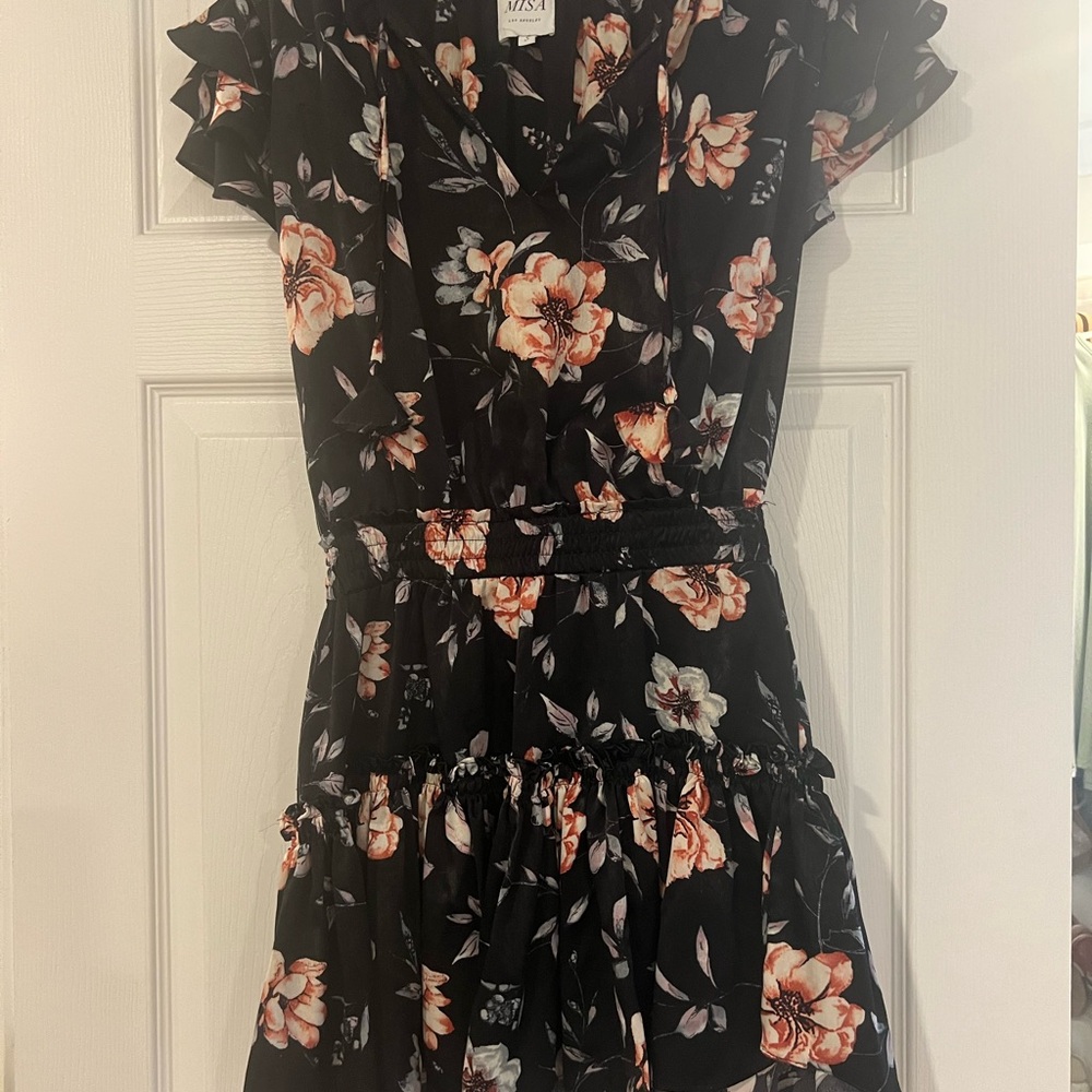 Misa Los Angeles Black Floral Midi Dress with Peach and Cream Blooms